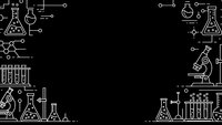 Chemistry laboratory equipment and scientific instruments outline icons on black background with copy space for text and design projects.
