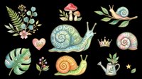 Cute snail clipart set with botanical elements, mushrooms, shells, and crowns, isolated on transparent background. Great for stickers, t-shirt design, and print on demand.
