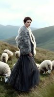 Young woman in gray fur coat and long pleated skirt standing among grazing sheep on misty mountain hillside. Moody atmospheric fashion photography.