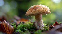 Wild mushroom growing in forest moss with autumn leaves and natural bokeh background. Perfect for nature photography, culinary concepts, or seasonal themes.
