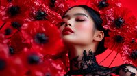 Young Asian woman with red lipstick and black lace against vibrant red poppies background, dramatic fashion portrait with artistic makeup and floral composition.