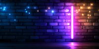 Glowing neon cross on brick wall with blue and pink gradient lighting creates atmospheric mood, casting vibrant reflections in dark urban setting.