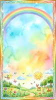 Watercolor rainbow landscape with cute sun, deer, bunny, fox, and bird in a pastel meadow, framed with a glittery border for kids designs.