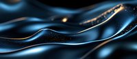Abstract luxury background with flowing dark blue waves and golden glitter particles on black surface, modern minimal design for elegant presentations.