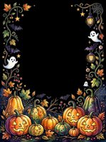 Ornate Halloween frame with jack-o-lanterns, autumn leaves, ghosts, bats, spiderwebs, lanterns, and stars on black background. Isolated design element for seasonal invitations and decorations.