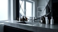 Modern bathroom vanity with marble countertop, black mirror, and minimalist cosmetic bottles arranged for skincare and beauty routines.