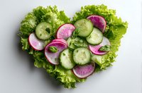 Fresh green salad arranged in heart shape with cucumber slices, radish and lettuce on white background. Healthy eating concept for Valentine's Day menu.