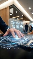 Businessman hand touching holographic contact interface with phone email chat icons in modern office for customer service and communication technology.