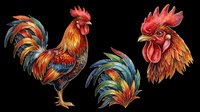 Rooster isolated on transparent background, ready for t-shirt design, clipart, stickers, sublimation and print-on-demand products. Three colorful poultry illustrations.