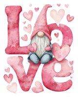 Watercolor gnome with pink hat sitting among LOVE letters and hearts on white background. Valentine's Day romantic design for cards and decorations.