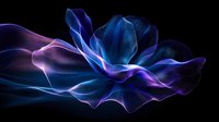 Ethereal abstract flower shape in glowing blue and purple neon colors against black background, featuring flowing luminous petals with smooth translucent layers.