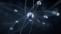 Glowing atomic structure with metallic spheres connected by thin lines on dark background illustrates scientific concept of quantum physics and molecular bonds.