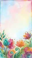 Watercolor floral border with vibrant gradient background, featuring colorful flowers and decorative swirls. Isolated design element suitable for invitations, greeting cards, and digital projects.
