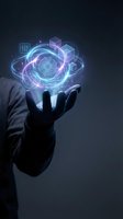 Businessman hand holding futuristic holographic cloud computing technology with glowing data cubes and digital interface elements for innovation concepts.