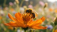Honeybee collecting nectar from vibrant orange cosmos flower in sunny garden with soft bokeh background for pollination and nature themes.