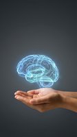 Glowing blue brain hologram floating above open human hands against dark background representing artificial intelligence and mental health concepts.