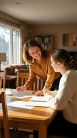 Mother helping teenage daughter with homework at wooden dining table in cozy home interior during afternoon study session.