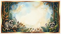 Raccoons exploring forest floor at twilight with ferns and foliage framing a moonlit clearing, suitable for children's book illustrations, nursery decor, and woodland-themed designs.