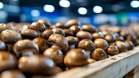 Fresh brown mushrooms arranged in wooden crate at farmers market, selective focus on glossy caps with natural bokeh lights in background. Food photography.