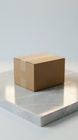 Closed cardboard shipping box with flaps on marble platform against neutral background, suitable for logistics, delivery, packaging and e-commerce concepts.