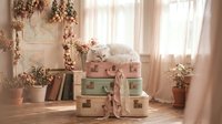 Cozy vintage interior with stacked old suitcases, dried flowers, potted plants and soft natural lighting creating warm nostalgic atmosphere for home decor.