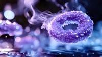 Abstract purple donut shape with sparkling particles and smoke effects on dark background with bokeh lights for digital art and creative projects.