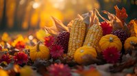 Vibrant autumn harvest display with orange pumpkins, dried corn cobs, red dahlias and fallen leaves in golden sunlight, creating seasonal decorative arrangement.