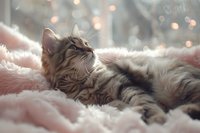 Dreamy portrait of relaxed long-haired tabby cat lying on soft pink blanket with glowing bokeh lights in background, creating cozy winter atmosphere.