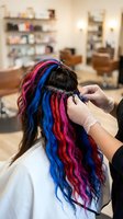 Young woman with long dark hair featuring vibrant neon pink, blue, and red color extensions receiving professional braiding service in modern salon setting with warm lighting.