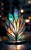 Luminous stained glass lamp in leaf design with iridescent colors glowing against dark background, creating magical atmosphere with rainbow light effects.