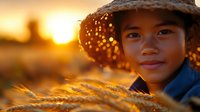 Young Asian woman farmer wearing straw hat smiling at golden sunset in wheat field during harvest season. Agricultural worker portrait with warm lighting.