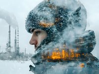 Double exposure portrait of young Caucasian woman combined with industrial refinery at night. Snowy winter scene with glowing factory lights creates dramatic atmosphere.