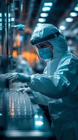 Medical scientist in protective suit and face shield conducting research in modern laboratory with test tubes under blue-tinted lighting.