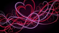 Glowing pink and purple heart shapes with flowing ribbons and swirls on black background for romantic designs and Valentine's Day decorations.