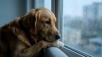 Golden retriever or Labrador mix resting chin on windowsill, gazing out at rainy weather. Melancholic mood, wet glass with raindrops. Pet loneliness, waiting concept.
