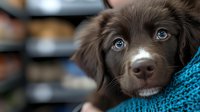 Adorable chocolate brown puppy with striking blue eyes and white markings resting on turquoise blanket, looking directly at camera with sweet expression.