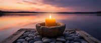 Zen meditation setup with burning candle in stone bowl surrounded by smooth pebbles on wooden dock at peaceful lake during golden sunset hour.