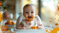 Laughing Caucasian baby in high chair with messy orange food splatter around mouth and flying food particles creates joyful mealtime moment in natural light.