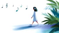 Young woman in white dress walking with headphones among musical notes and tropical leaves, artistic watercolor style illustration on soft blue background.