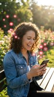 Happy young woman with curly hair using smartphone with floating heart icons in sunny park, social media dating app concept for digital romance marketing.