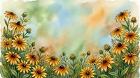 Watercolor wildflower meadow with yellow daisies and soft pastel sky background for spring garden design projects.