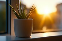 Small succulent plant in modern ceramic pot on windowsill with warm golden sunlight streaming through window creating peaceful indoor garden atmosphere.