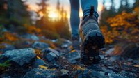 Close-up of hiking boot stepping on rocky mountain trail during golden sunset, perfect for outdoor adventure and travel marketing or active lifestyle promotion.