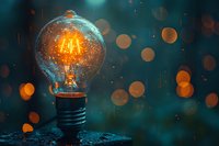 Glowing light bulb with orange filament against dark teal background with bokeh lights creating magical atmosphere for creative inspiration concepts.