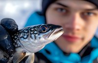 Close up of fresh caught mackerel fish head with distinctive pattern and bright eye, held by fisherman in black gloves against blurred background.