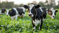 Holstein dairy cow standing in green pasture field with herd in background, looking at camera. Fresh summer grass and sustainable farming scene.