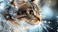 Curious tabby cat face in profile with water droplets splashing around, bright yellow eye and whiskers against blurred blue background, dramatic macro photography.