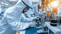 Asian male scientist in protective suit and equipment working with microscope in modern laboratory setting with advanced technology and bright lighting.