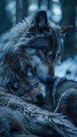 Gray wolf and cub nestled together in snowy forest, creating intimate wildlife moment with moody blue tones for conservation awareness.