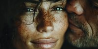 Young woman with freckles and blue eyes in intimate moment with bearded man, close-up portrait showing natural beauty and romantic connection between couple.